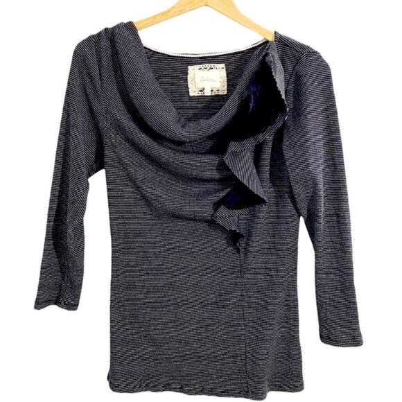 Anthropologie Deletta Black & Gray Striped Ophelia Ruffle & Lace Knit Top,Size M - Picture 4 of 12
